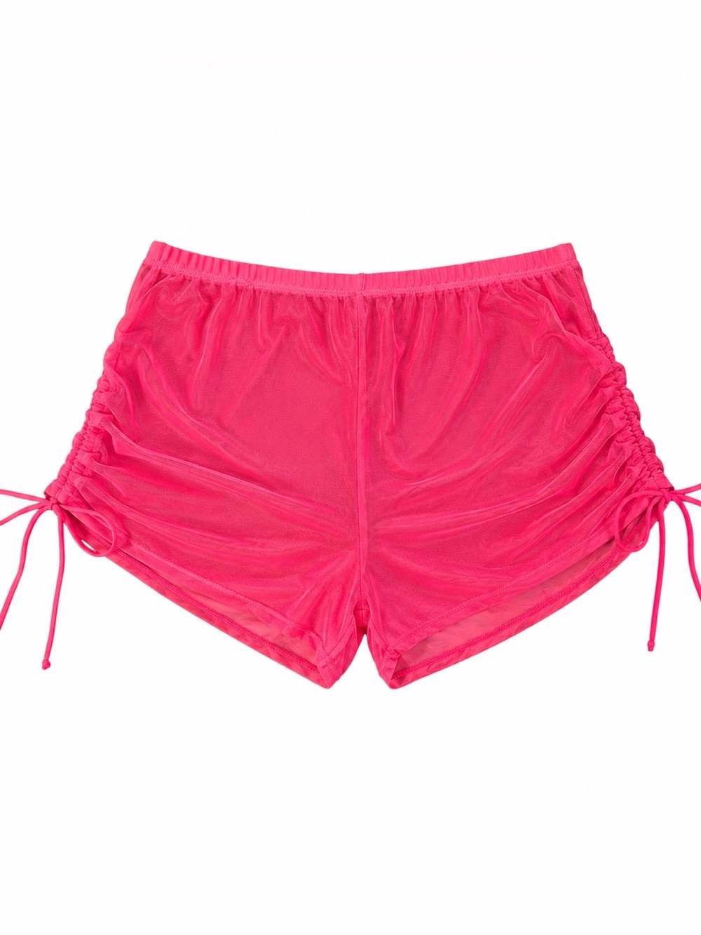 Watermelon Pink Mesh Swim Cover Up Shorts Ruched Side XL